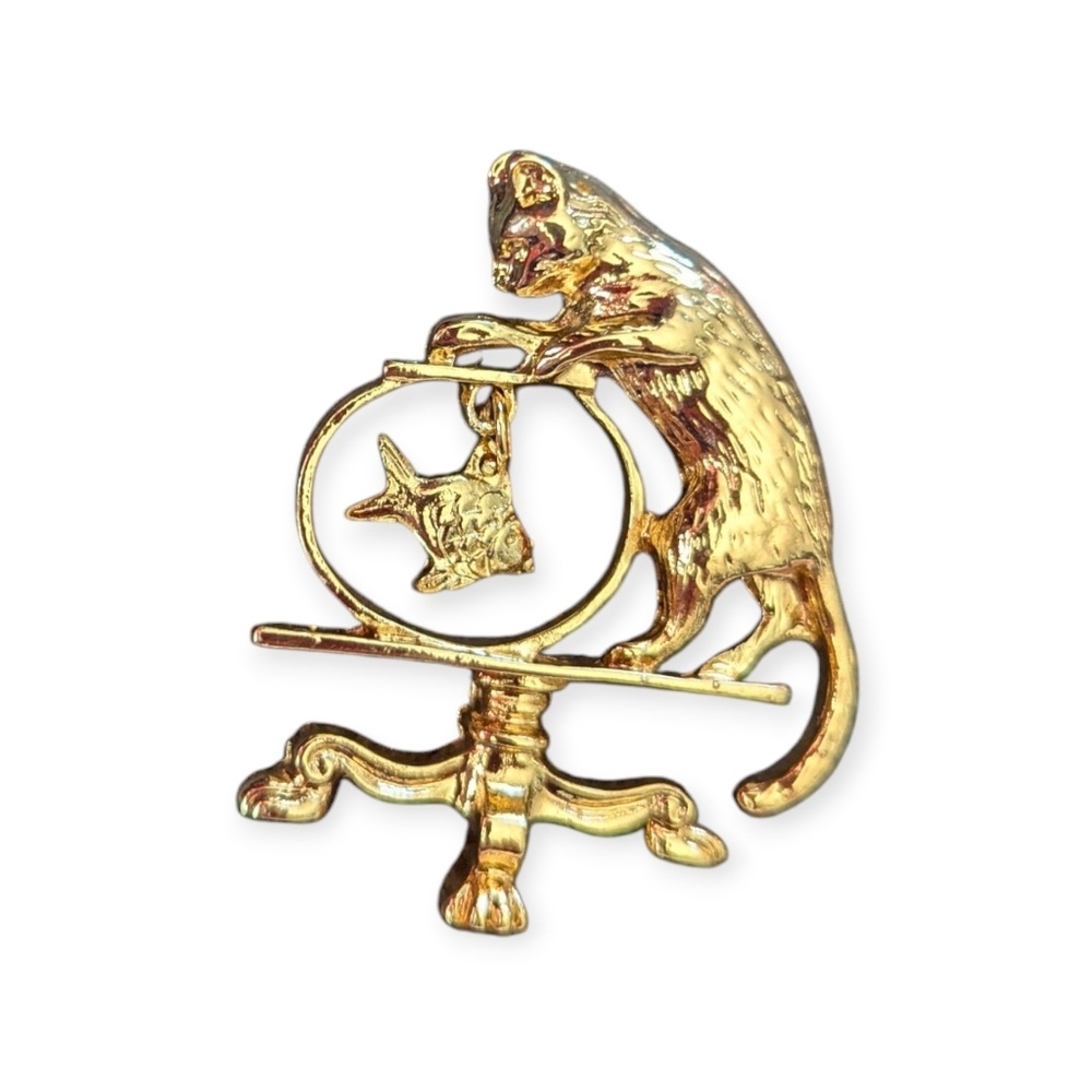 Goldtone Cat And Fish Bowl Broach New